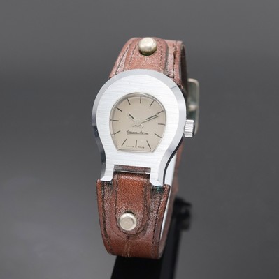 ETIENNE AIGNER Damenarmbanduhr, Schweiz um 1980, Handaufzug, verchr. Geh. im Aigner Logo, Edelstahlboden aufgedr., orig. Lederband m. orig. ...