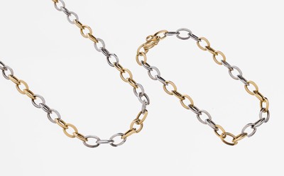 14 kt Gold Schmuckset, GG/WG 585/000, best.aus: 1 Collier, L. ca. 44.5 cm, Karabinerschließe, und 1 Armband, L. ca. 19 cm, Karabinerschließe, ca. ...