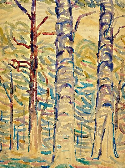Christian Rohlfs, 1849-1938, "Waldinneres mit Birkenstämmen" um 1907, Aquarell auf Papier, Blatt 66,7x50 cm, unsigniert, Birkenwald, ...
