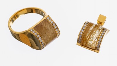 18 kt Gold Rutilquarz-Brillant-Schmuckset, GG 750/000, best. aus: 1 Ring, RW 54, Rutilquarz ca. 7.0 ct, 28 Brillanten zus. ca. 0.24 ct (grav.) ...