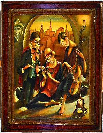 Valery Vinokurov, 1948-2025, Figurengruppe dreier Musikanten vor Stadtsilhouette, rechts unten signiert und datiert 1985, Öl/Lwd, 90x65cm, Rahmen ...