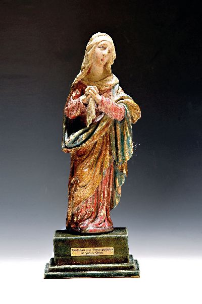Holzschnitzerei Maria von Nazareth, 19.Jh., Holz vollplastisch geschnitzt, farbig gefasst, in gotisierendem Stil, Beistehende einer ...