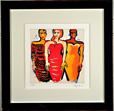 Elvira Bach, 1951 Neuenhain, drei Grazien, Lithographie von 2000, ca. 36 x 35 cm, unter Glas, PP., Rahmen ca. 71 x 71 cm