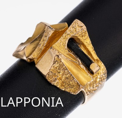 14 kt Gold LAPPONIA Turmalin-Ring, GG 585/000, typ. abstraktes Design, länglicher Turmalin-Stab, RW 57, ca. 7.7 g