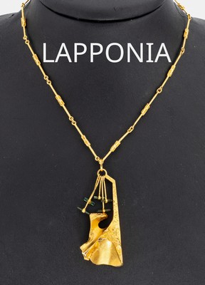 14 kt Gold LAPPONIA Turmalin-Collier, Finnland, 1976, GG 585/000, typ. abstraktesDesign, 5 bewegl. Elemente mit kl. Turmalin- Stäben, L. ca. 50 cm, ...