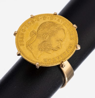 14 kt Gold Münz-Ring, GG 585/000, ausgefallenes Design, lose gefasste Goldmünze,1 Dukat, Österreich-Ungarn, 1915, offizielle Nachprägung, RW 53, ...