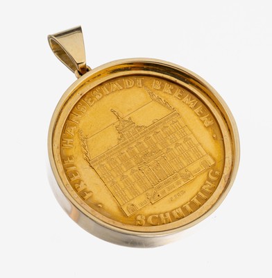 14 kt Gold Medaillen-Anhänger, GG 585/000, schlichte Fassung, gefasste Goldmedaille, Freie Hansestadt Bremen, AV: Ansicht Bremer Rathaus, RV: ...