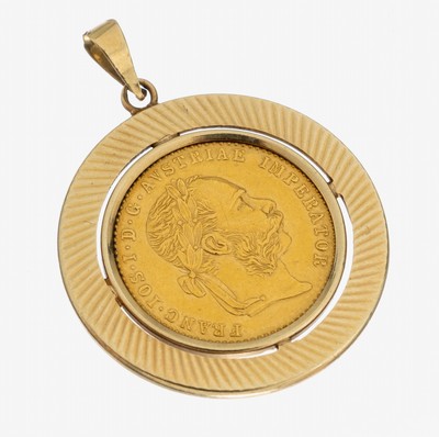 14 kt Gold Münz-Anhänger, GG 585/000, schlichte Rahmung, lose gefasste Goldmünze, 1 Dukat, Österreich-Ungarn, 1915, offizielle Nachprägung, D. ...