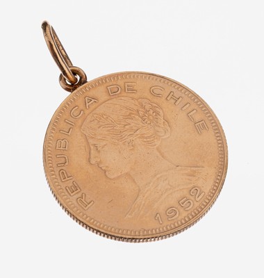 Goldmünze 100 Pesos, Chile, 1952, Cien Pesos, gehenkelt, Henkel und Öse RG 585/000 gepr., ca. 21.2 g