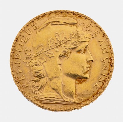 Goldmünze 20 Francs 1910, AV: Marianne, RV:Gallischer Hahn