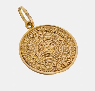 14 kt Gold Medaillen-Anhänger, GG 585/000 gepr., AV: Templa Mayar de Maxico, RV: aztekischer Sonnenkalender, ca. 6.8 g