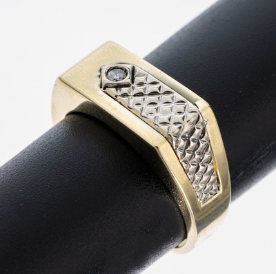 9 kt Gold Brillant-Ring, GG/WG 375/000, strukt. WG-Einlage, 1 Brillant ca. 0.02 ct Weiß/p, RW 59, ca. 6.9 g