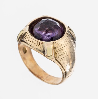 14 kt Gold Farbstein-Ring, GG 585/000, part. grav., facett. Synthese, Gravur teilw. abgetragen, RW 59, ca. 12.2 g