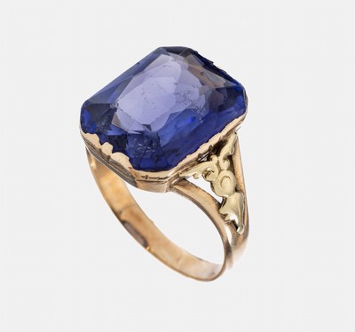 14 kt Gold Farbstein-Ring, GG 585/000, facett. blaue Synthese, Ringschultern durchbrochen, RW 55, ca. 4.7 g