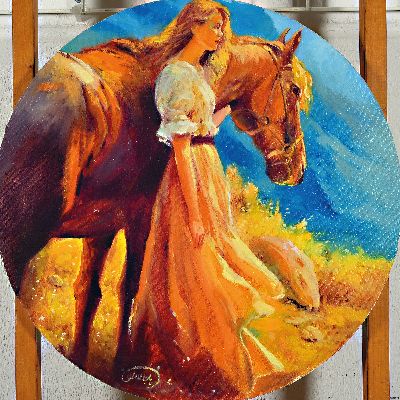 Bahram Bajalanlou, zeitgenössischer iranischerKünstler, Mädchen mit Pferd, Öl/Lwd, signiert, rund, D. 50 cm