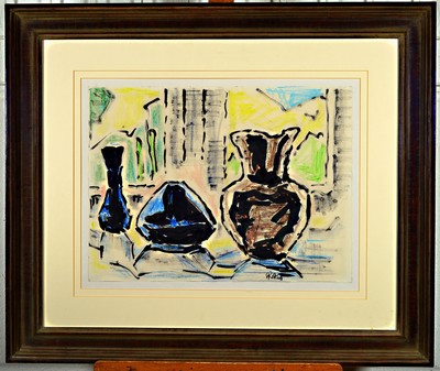 Karl Schmidt-Rottluff, 1884 Rottluff-1976 Berlin, Stillleben mit drei Vasen im Gegenlicht vor Atelierfenster, Tuschpinsel undfarbige Kreide auf ...
