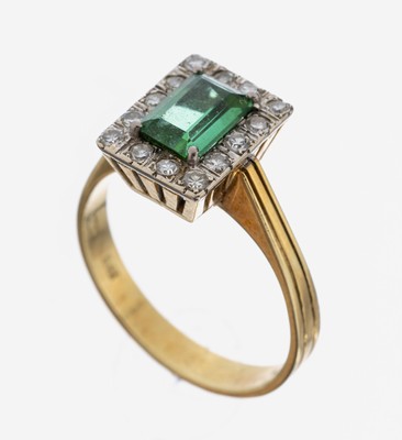 14 kt Gold Turmalin-Diamant-Ring, GG/WG 585/000, Turmalin-Baguette ca. 0.65 ct, 14 8/8-Diamanten zus. ca. 0.16 ct Weiß/si-p, RW 54, ca. 3.9 g