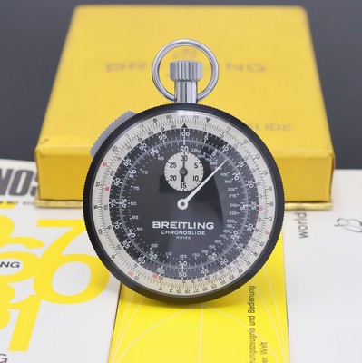 BREITLING Chronoslide neuwertiger Einhandstopper Referenz 1577, Schweiz um 1969, Metall verchromt, 30 Min.-Stoppz., Multiskala, beids. drehb. ...