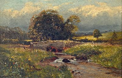 Florian Walton, englischer Künstler des 19.Jh., Bachlandschaft mit steinerner Brücke, links unten signiert und datiert 1886, Öl/Lwd, restauriert, ...