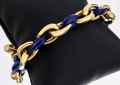 18 kt Gold Lapislazuli-Armband, GG 750/000,5 Lapislazulieinlagen, L. ca. 21 cm, Federringschließe, ca. 28.8 g