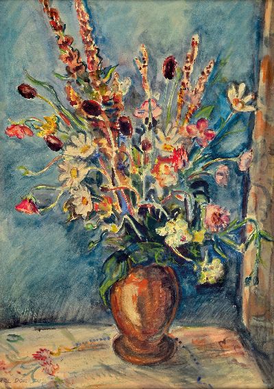 Karl Dörrfuss, 1906-1984 Fürth, Stillleben mit Blumen in brauner Vase, Gouache auf Papier, links unten sign., ca. 47x33cm, u.Gl., R. ca. 62x48cm