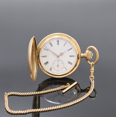 SYSTEME GLASHÜTTE Herrensavonette in RoseG 585/000 an RoseG 585/000 Kette, Schweiz um 1910, guill. Geh. dell., verg. Metallcuvette, Sprungdeckel m. ...