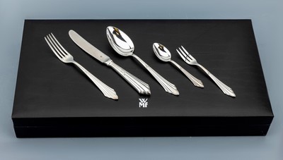 30-tlg. WMF Besteck, Fächermuster, 925er Silber, best. aus: 6 Menügabeln, 6 Menuemesser (Klingen Stahl, Griffe gefüllt), 6 Menuelöffel, 6 ...