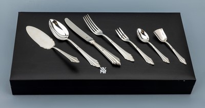30-tlg. WMF Besteck, Fächermuster, 925er Silber, best. aus: 6 Menügabeln, 6 Menuemesser (Klingen Stahl, Griffe gefüllt), 6 Menuelöffel, 6 ...