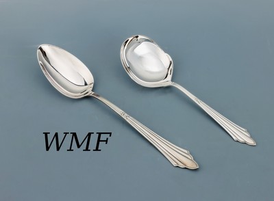 2 WMF Vorlegelöffel, 925er Silber, Fächermuster, best. aus: 1 x Gemüselöffel, 1 x Kartoffellöffel, Griffenden mit Perlleistenverz., ca. 220 g