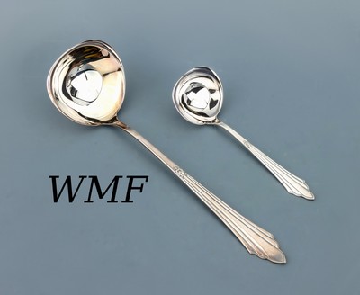 2 WMF Kellen, 925er Silber, Fächermuster, 1x Soßenkelle, 1 x Suppenkelle, Griffenden mit Perlleistenverz., ca. 255 g, sehr guter Erhaltungszustand
