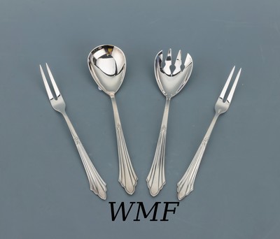 925er Silber WMF Vorlegebesteck, Fächermuster, best. aus: 2 tlg. Salatbesteck und 2 Wurstgabeln, Griffenden mit Perlleistenverz., ca. 215 g, sehr ...