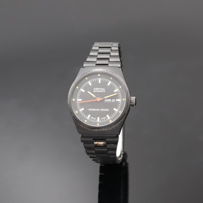 ORFINA / PORSCHE DESIGN Damenarmbanduhr Referenz 7050, Schweiz um 1990, Automatik, geschw. Edelstahlgeh. inkl. orig. Gliederband m. Faltschl., Boden ...