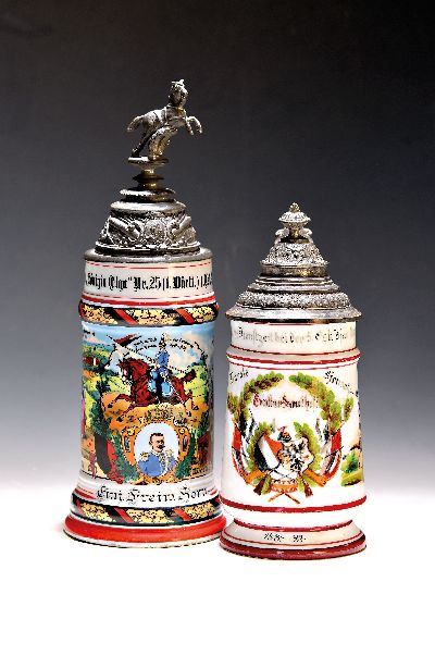 Zwei Reservistenkrüge, St. Avold und Ludwigsburg, 1889-1905, 5. Eskadron Hannoversches Ulanen Rgt. Nr. 14 St. Avold, 1889-1992, Höhe 20cm; ...