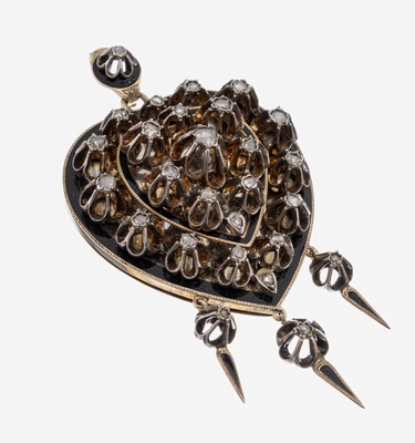 14 kt Gold Diamant-Medaillonanhänger, um 1870 -80, GG 585/000 gepr., Diamantrosen zus. ca. 1.20 ct, part. schwarz emaill., bewegl. Abhängungen, ...