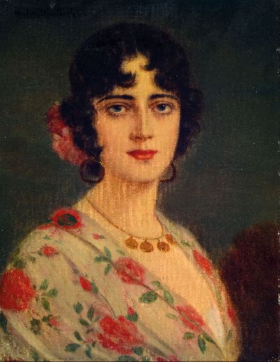 Anton Kaulbach, 1964-1934, Porträt einer dunkelhaarigen Dame mit Blume im Haar, Öl/Lwd, signiert, ca. 45.5 x 35 cm, R. 53 x 53 cm