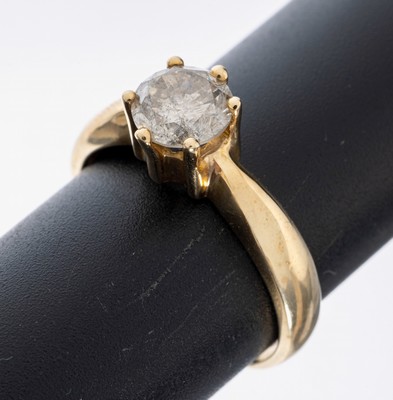 14 kt Gold Brillant-Ring, GG 585/000, Brillant ca. 1.00 ct l.get.Weiß/p2, RW 62, ca. 5.4 g