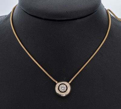 14 kt Gold Brillant-Collier, GG/WG 585/000,Mittelteil in WG, bes. mit einem Brillant ca. 0.25 ct Weiß/si, GG Kette, L. ca. 41 cm, ...