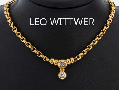 18 kt Gold LEO WITTWER Brillant-Collier, GG/WG 750/000, 2 in WG gefasste Brillanten zus. ca. 0.25 ct Weiß/vs, unterer Brillant abnehmbar, L. ca. 44 ...