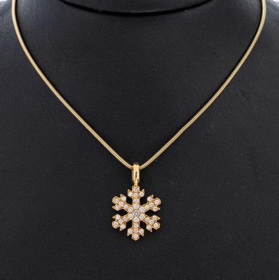 18 kt Gold Brillant-Anhänger "Schneeflocke", RoseG 750/000, 37 Brillanten zus. ca. 0.61 ct (grav.) Weiß/si, an Schlangenkette, GG ...