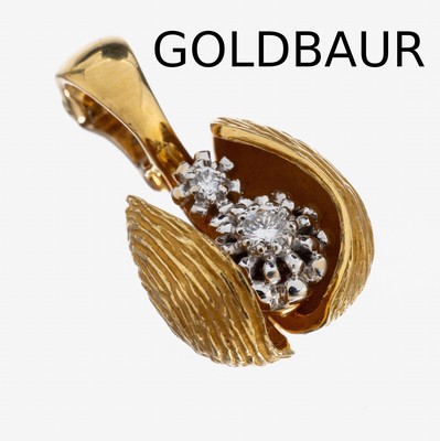 18 kt Gold GOLDBAUR Brillant-Clipanhänger, GG/WG 750/000, Ei, fein grav. und z.T. pol., aufklappbar, innen 2 in WG gefasste Brillantenzus. ca. 0.14 ...