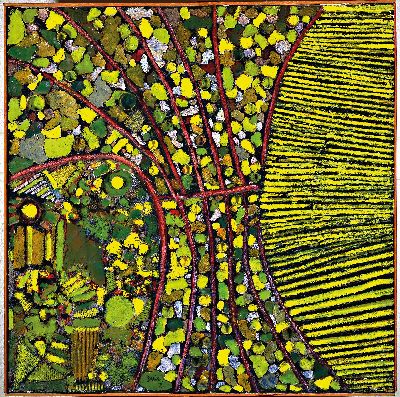 Stacy Davies, 2. Hälfte 20. Jh., West Hampstead, abstr. Landschaft, Acryl und Collage auf Holz, rückseitig auf Etikett bezeichnet und ...