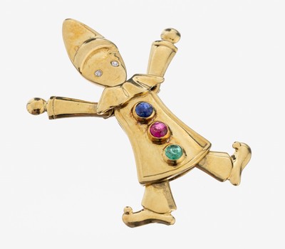 14 kt Gold Farbstein-Diamant-Anhänger "Clown", GG 585/000, bewegl. gearbeitet, Saphir- Rubin- und Smaragd-Cabochon zus. ca. 0.35 ct, 2 ...