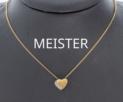 14 kt Gold Brillant-Herzanhänger, GG/WG 585/000, Doppelherz, in WG gefasst mit 5 Brillanten zus. ca. 0.05 ct Weiß/si, an Kette,L. ca. 40 cm, ...