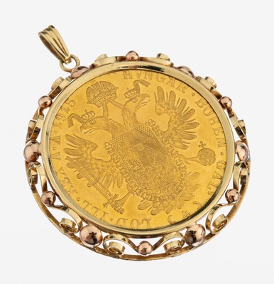 14 kt Gold Münzanhänger, GG/RG 585/000, Münzeinlage: 4 Dukaten, Österreich-Ungarn, 1915 Franz Joseph I., offizielle Nachprägung, Rahmen ...