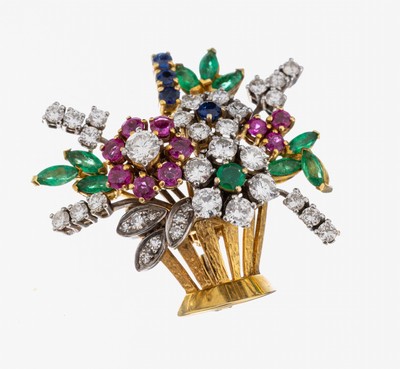 18 kt Gold Brillant-Farbstein-Brosche "Blumenstrauß", GG/WG 750/000, Korb in GG, 35 Brillanten zus. ca. 1.75 ct feines Weiß- Weiß/vs, ...
