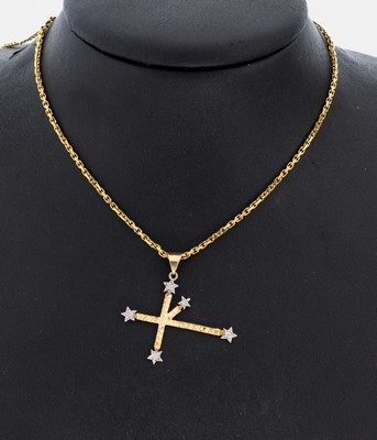 14 kt Gold Diamant-Kreuzanhänger, GG/WG 585/000, 5 8/8-Diamanten zus. ca. 0.05 ct Weiß/p, an Kette, ca. 8.9 g, L. ca. 45 cm, Karabinerschließe, ...