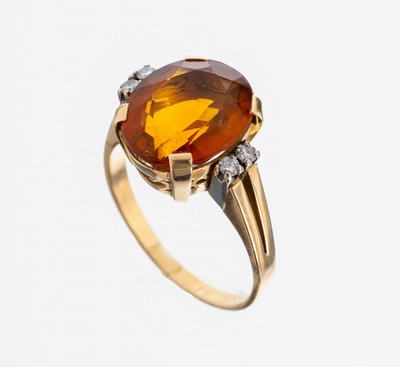 14 kt Gold Citrin-Brilliant-Ring, GG 585/000, ovalfacett. Citrin, 4 Brillanten zus.ca. 0.08 ct Weiß/si, RW 58, ca. 6.9 g