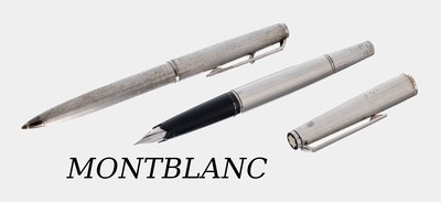 2 MONTBLANC Schreibgeräte, 925er Silber, gerillte Oberfläche, 1x Füllfeder- halter, Feder WG 750/000, 1x Kugelschreiber, in altem Lederetui