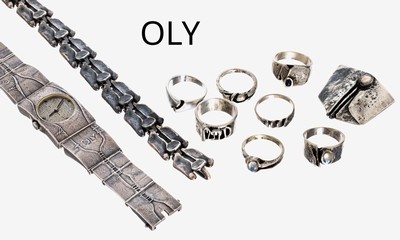 Konvolut 10 Teile Designer Schmuck, Meistermarke Monika und Burkhard OLY, sign., 925er Silber best. aus: Damenarmbanduhr, Kastenschloss mit ...