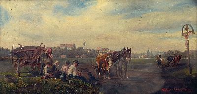 Ludwig Müller-Cornelius, 1864 - 1946 München, süddeutsche Erntelandschaft, betitelt: Kartoffelernte in Donauwörth, Juni 1929, Öl/Holz, signiert, ...